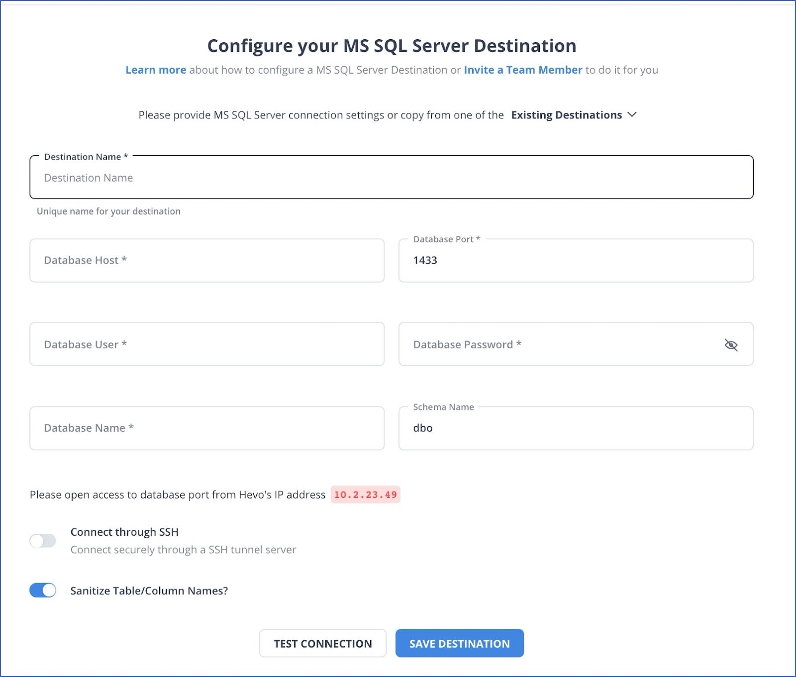 S3 to SQL Server: MS SQL Server Destination settings